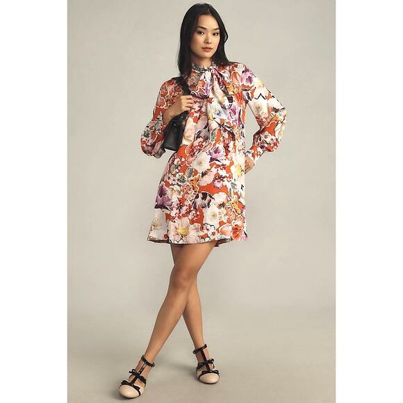 New Anthropologie Maeve Tie-Neck Floral Mini Dress $198 SMALL Pink Motif - Picture 2 of 8